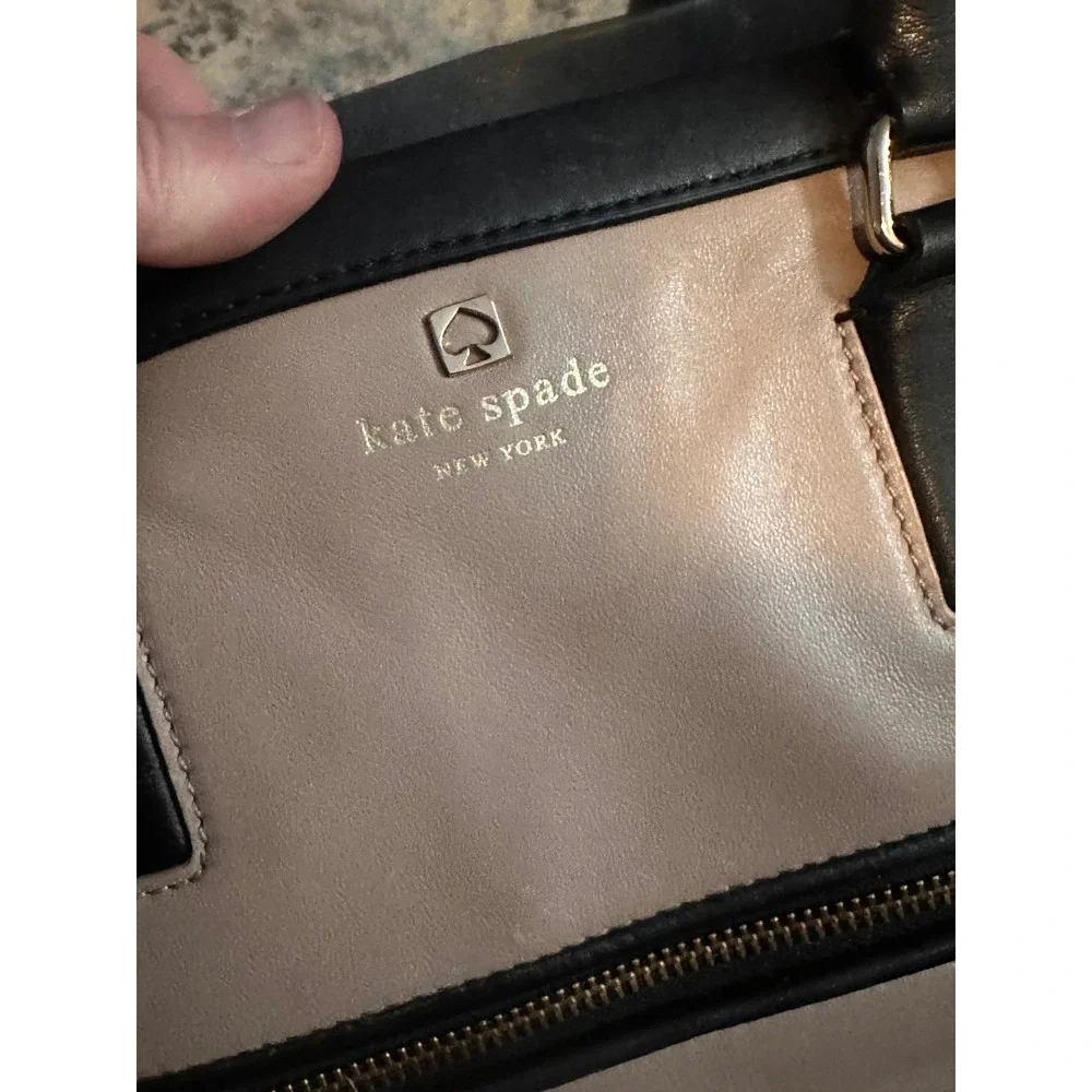 Kate Spade‎ New York Two Tone Leather Satchel Bag Beige Black Striped Lining